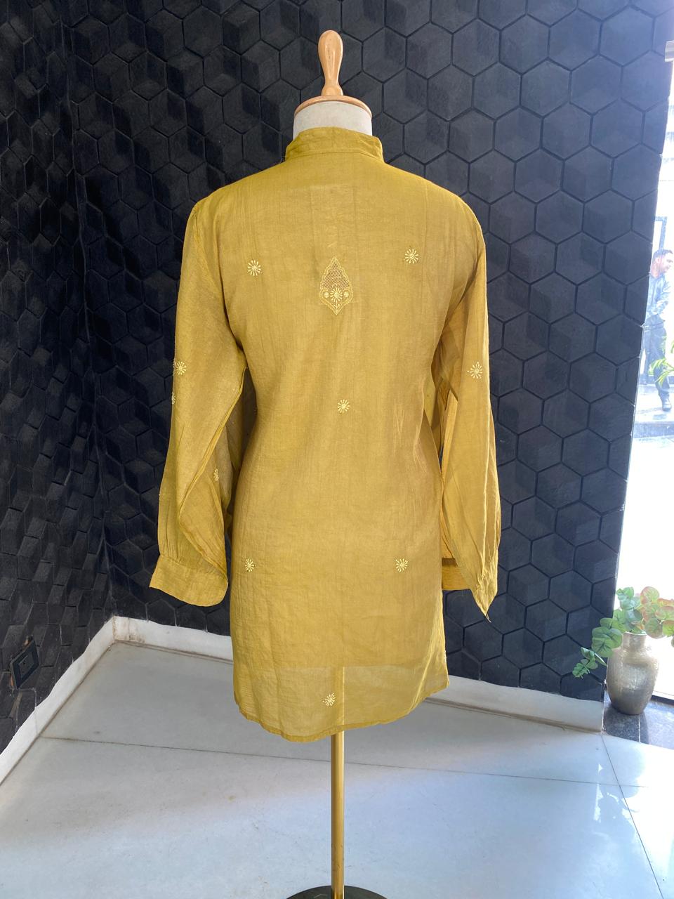 Olive Green Golden Tissue Chikankari C0- ord Set