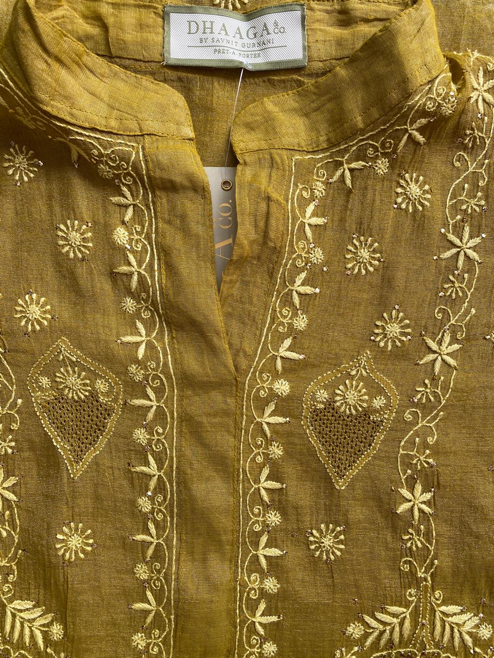 Olive Green Golden Tissue Chikankari C0- ord Set