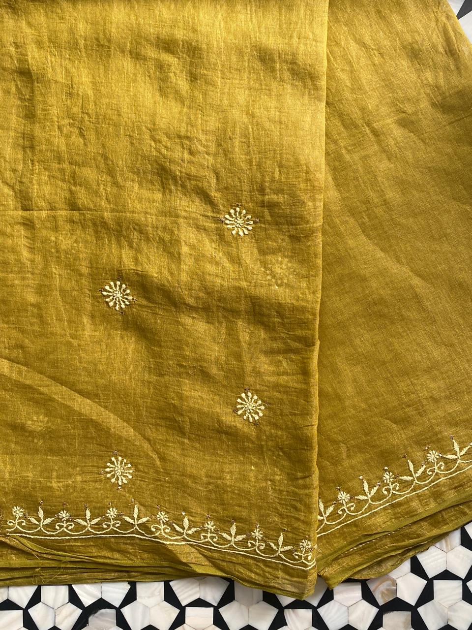 Olive Green Golden Tissue Chikankari C0- ord Set