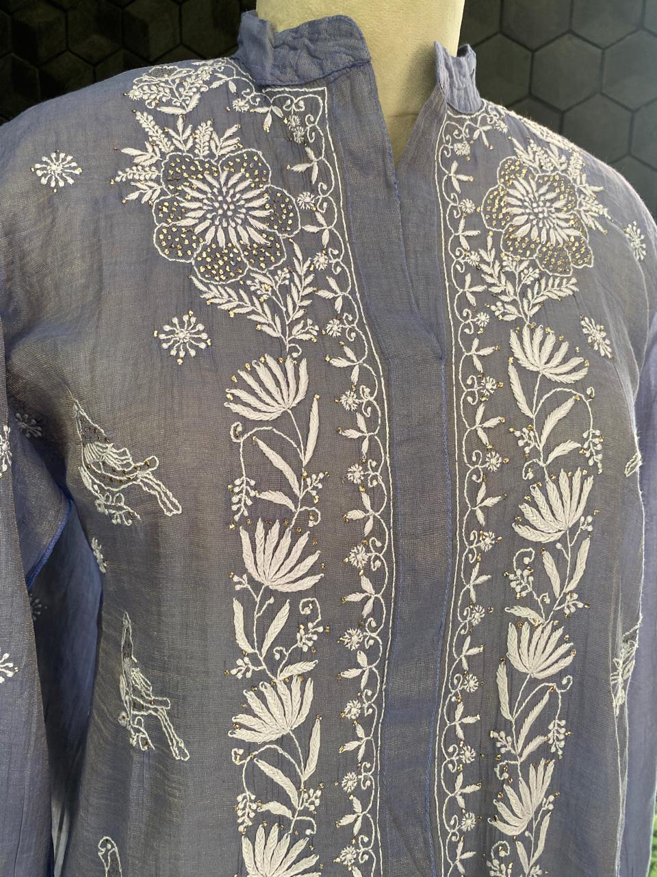Blue Golden Tissue Chikankari co-ord set