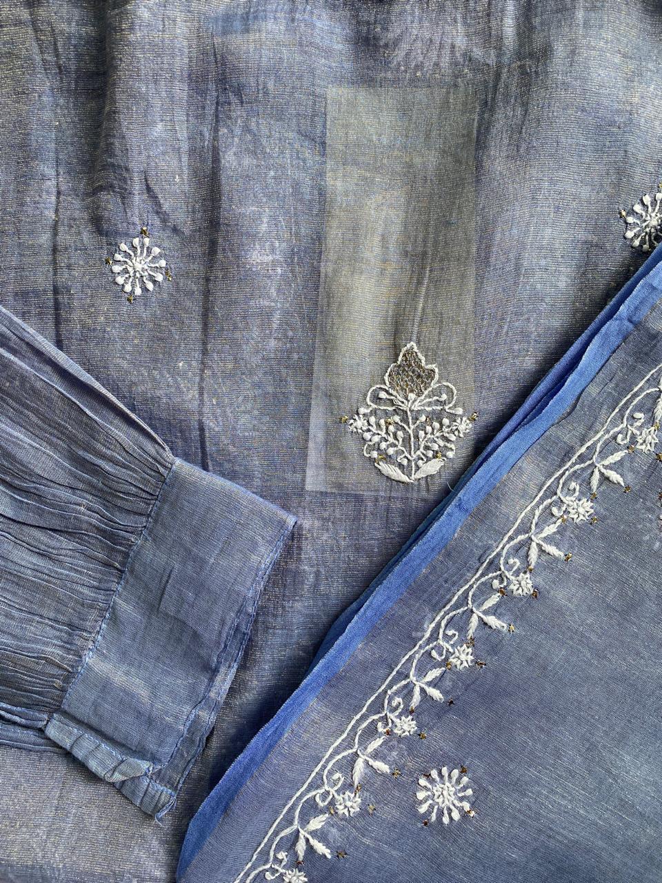 Blue Golden Tissue Chikankari co-ord set