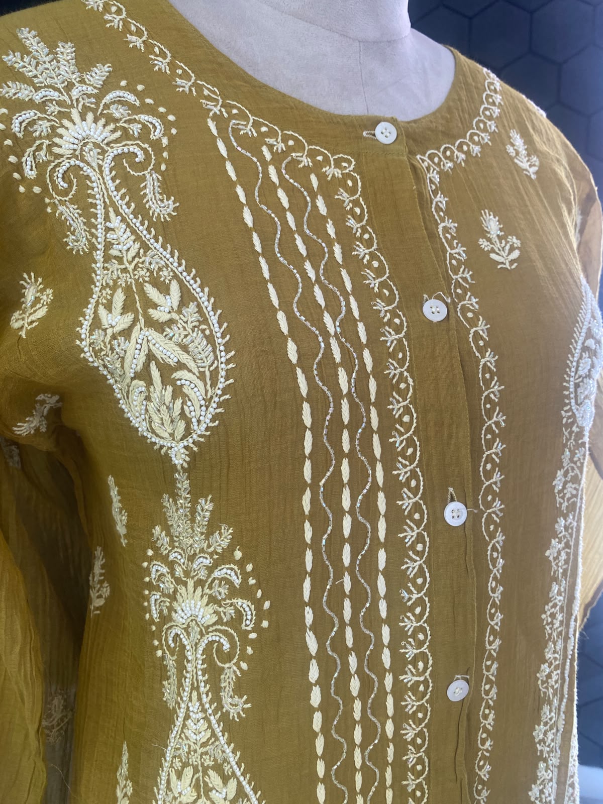Mustard Yellow Golden Tissue Chikankari co-ord set