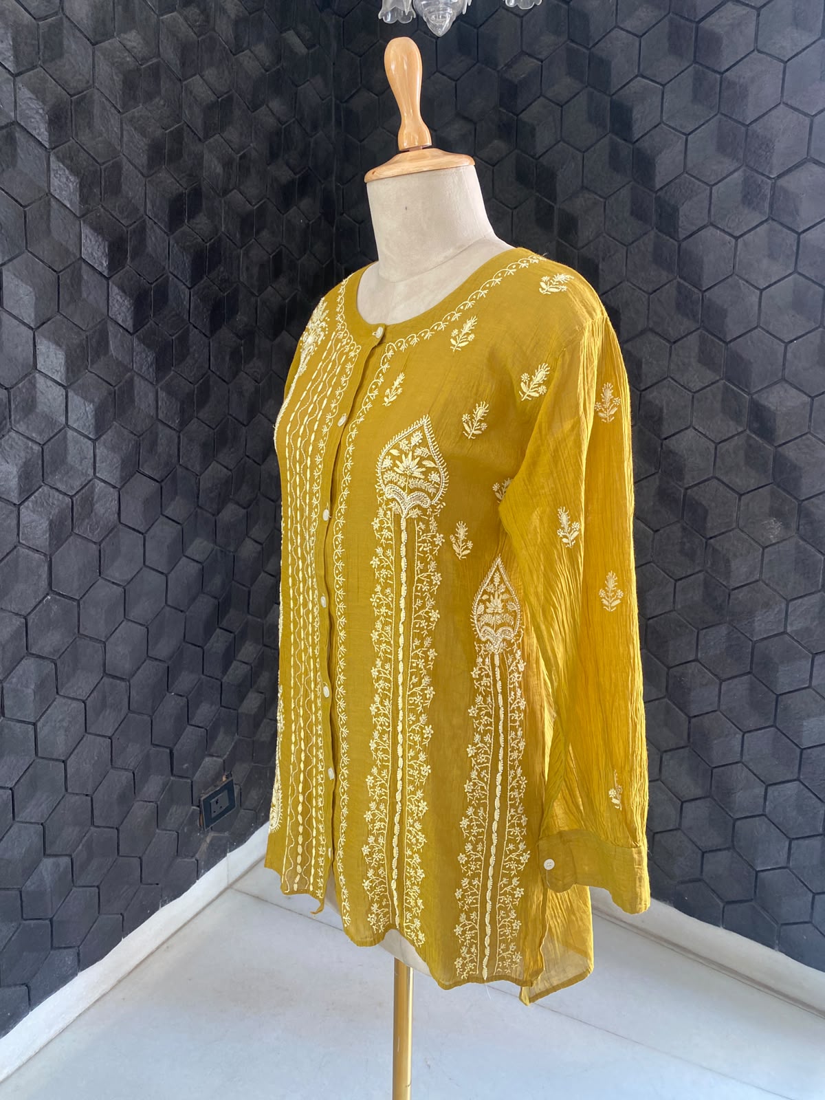 Mustard Yellow Golden Tissue Chikankari co-ord set