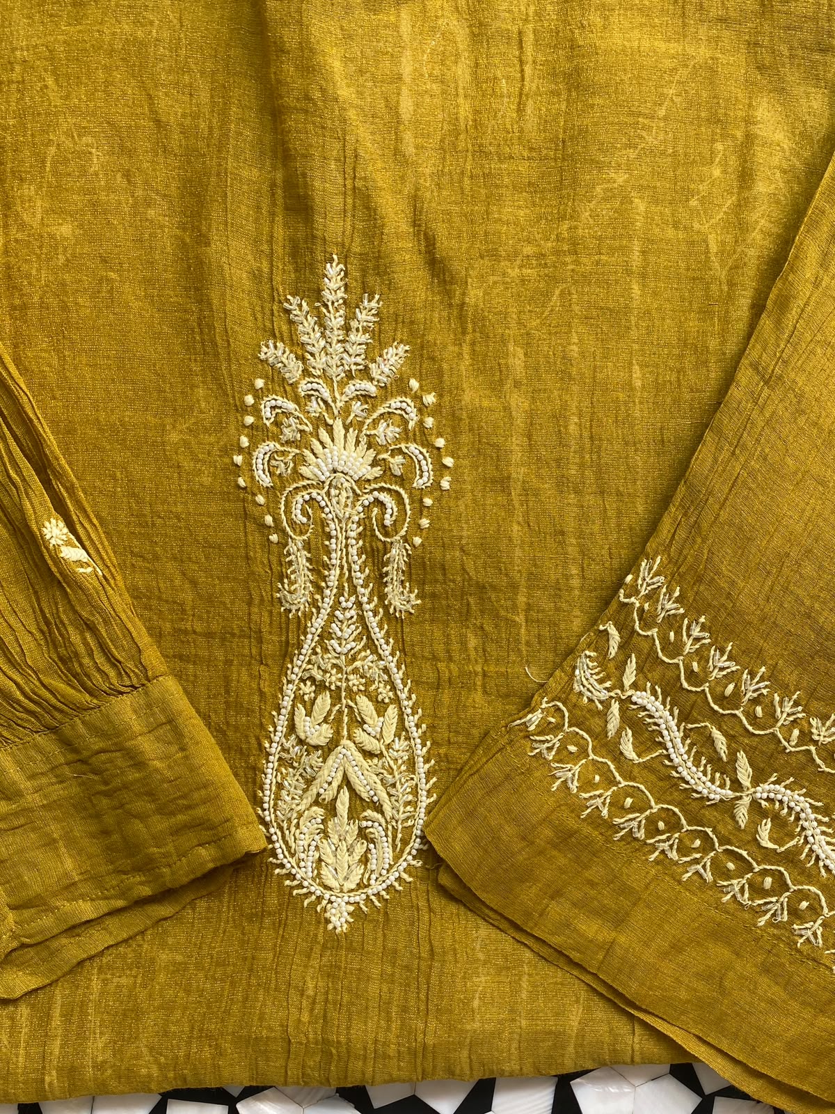 Mustard Yellow Golden Tissue Chikankari co-ord set