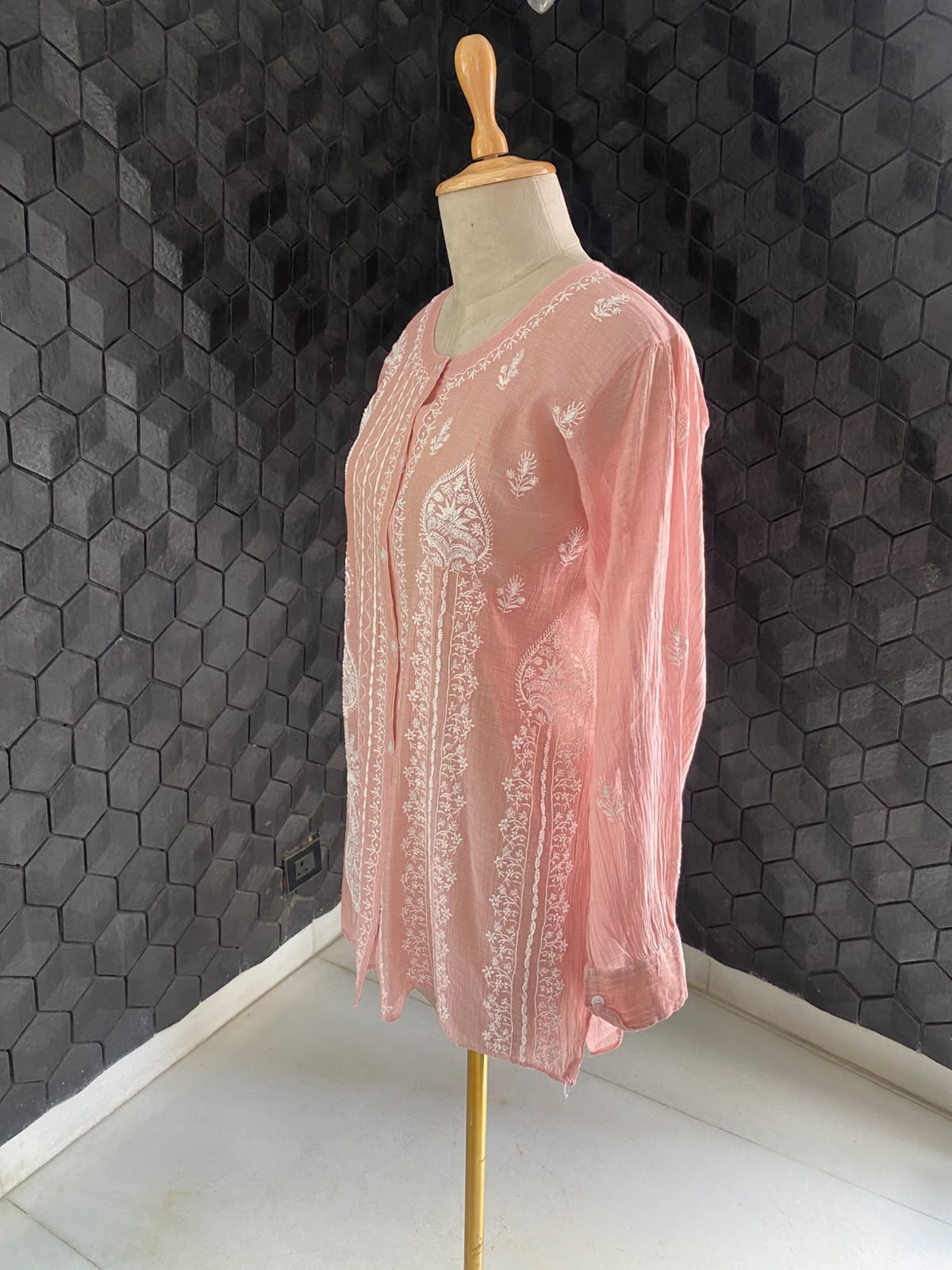 Pink Golden Tissue Chikankari co-ord set