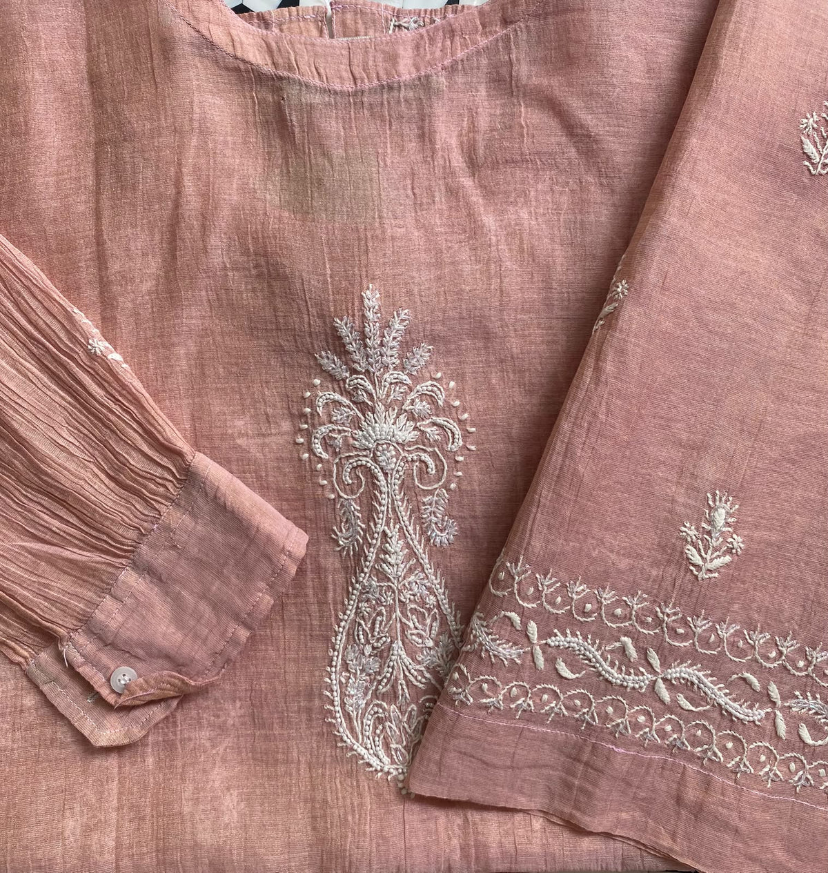 Pink Golden Tissue Chikankari co-ord set
