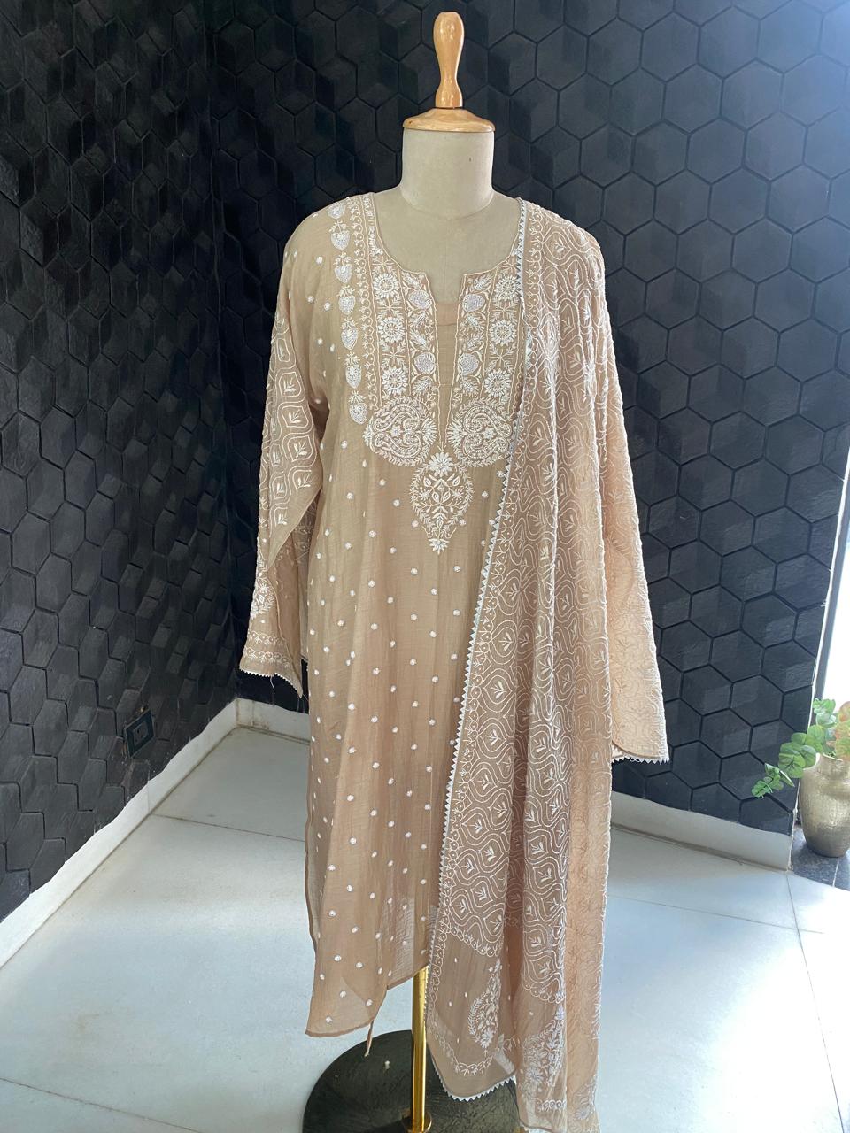 Beige Mul Chanderi Chikankari Kurta Set