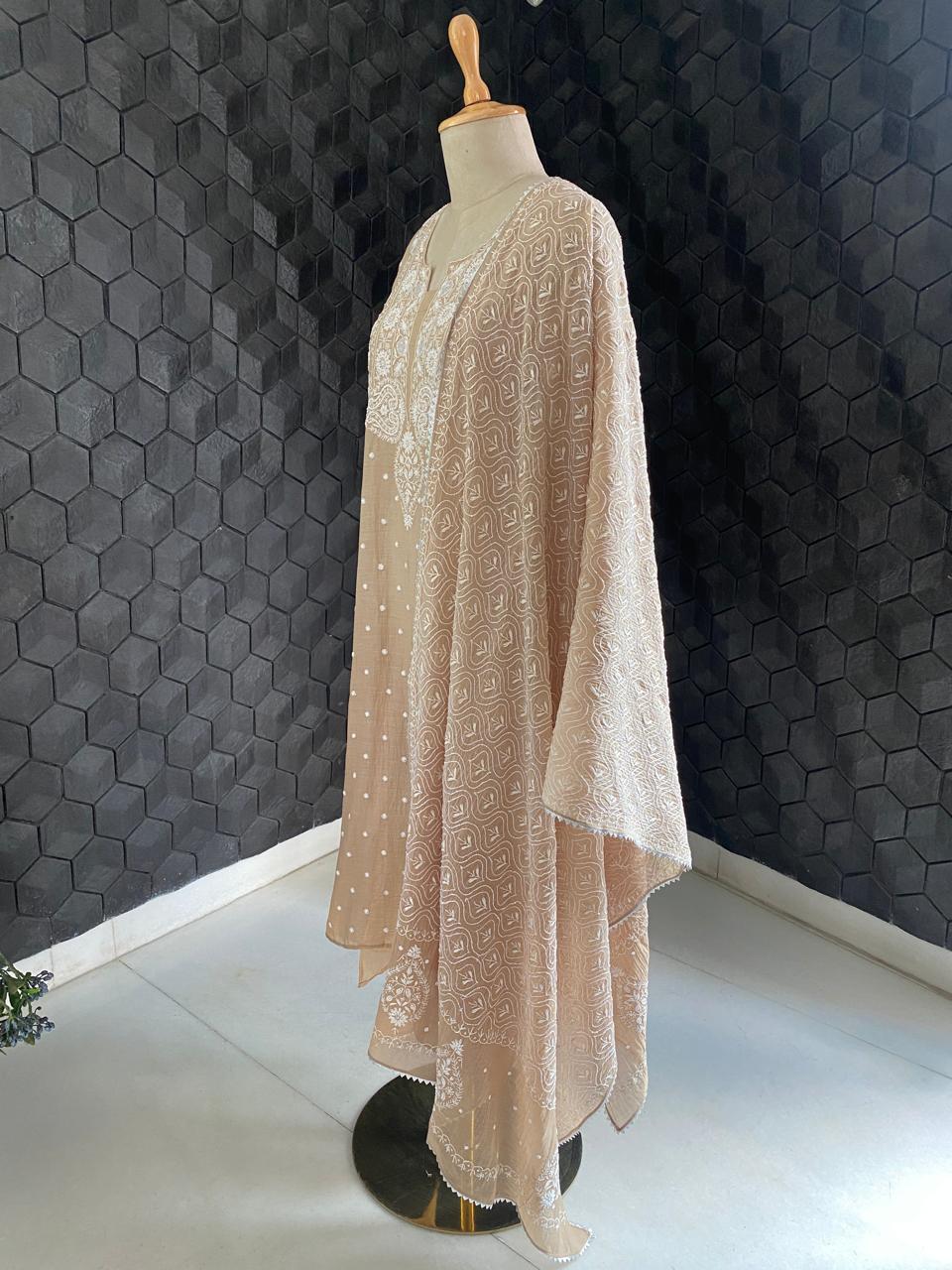 Beige Mul Chanderi Chikankari Kurta Set