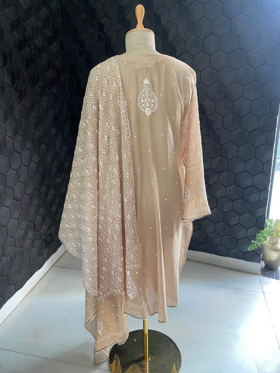 Beige Mul Chanderi Chikankari Kurta Set