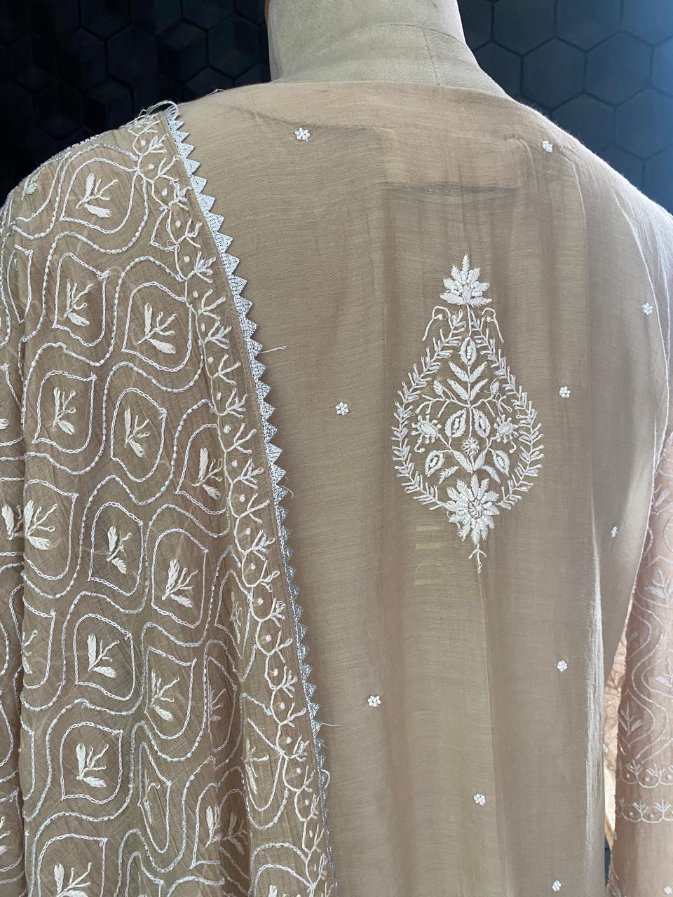 Beige Mul Chanderi Chikankari Kurta Set