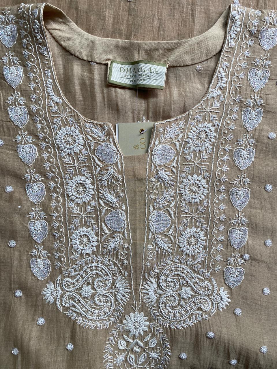 Beige Mul Chanderi Chikankari Kurta Set