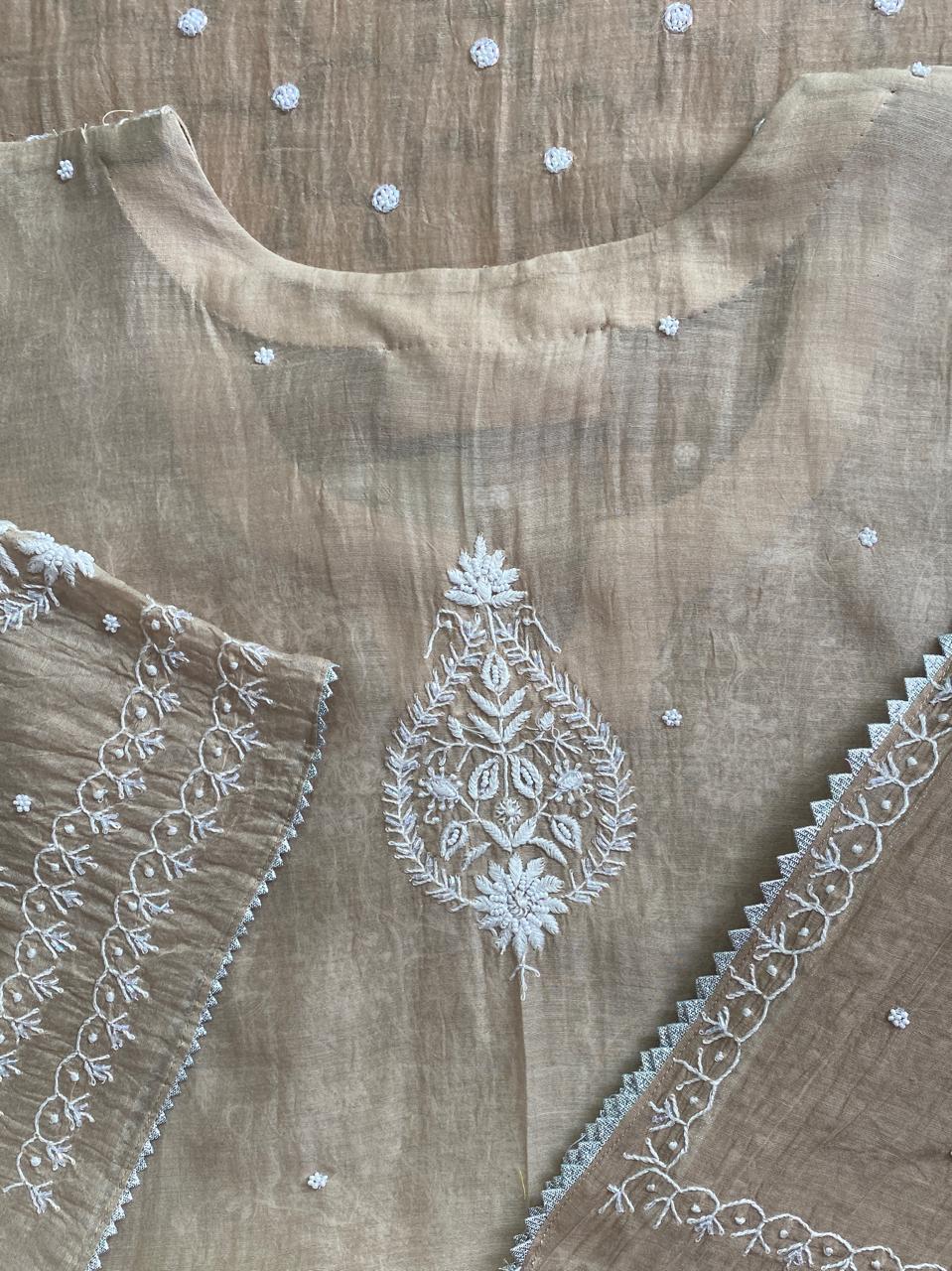 Beige Mul Chanderi Chikankari Kurta Set