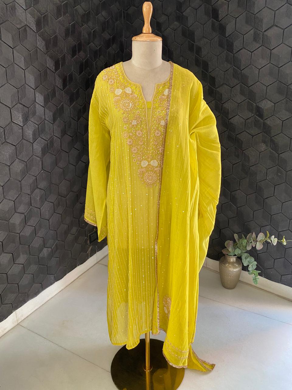 Lime Green Mul Chanderi Chikankari Kurta Set