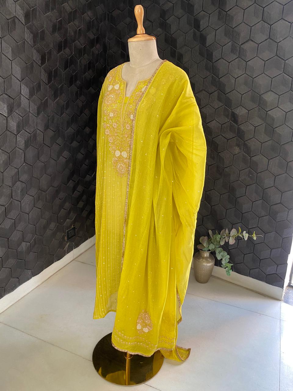 Lime Green Mul Chanderi Chikankari Kurta Set