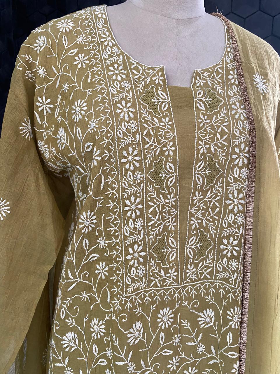 Olive Green Golden Tissue  Chikankari kurta set