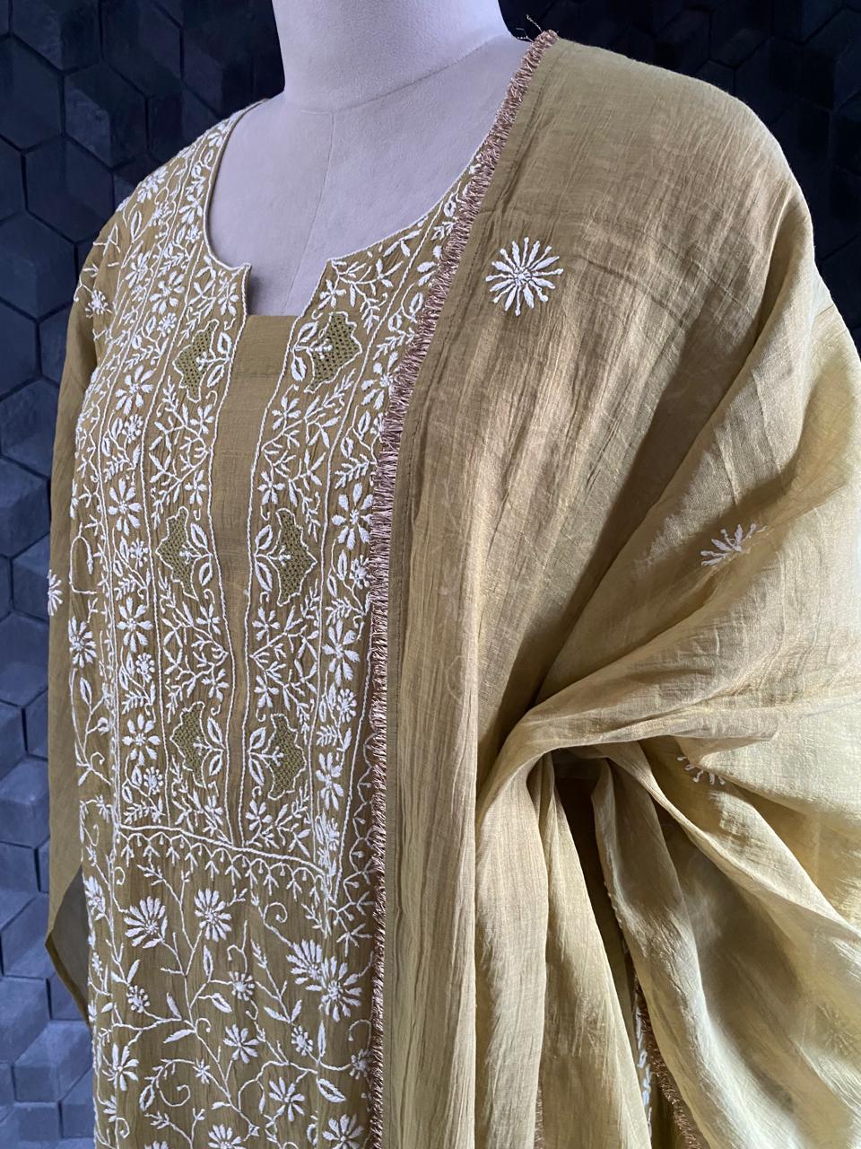 Olive Green Golden Tissue  Chikankari kurta set