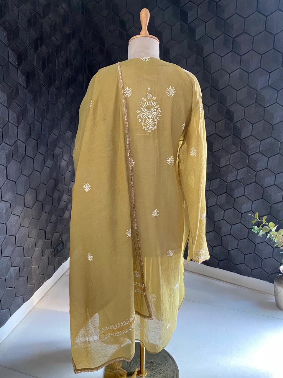 Olive Green Golden Tissue  Chikankari kurta set