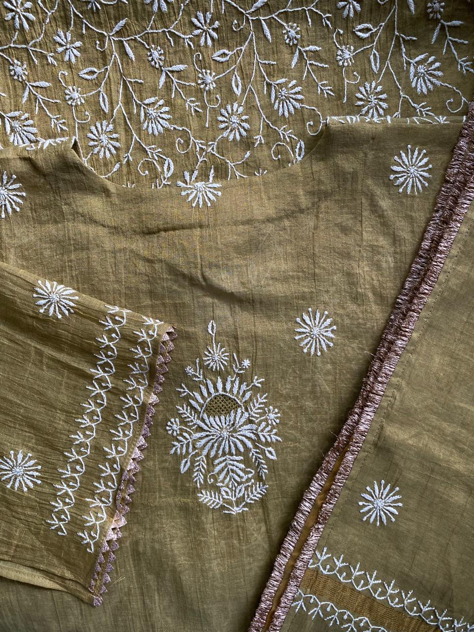 Olive Green Golden Tissue  Chikankari kurta set