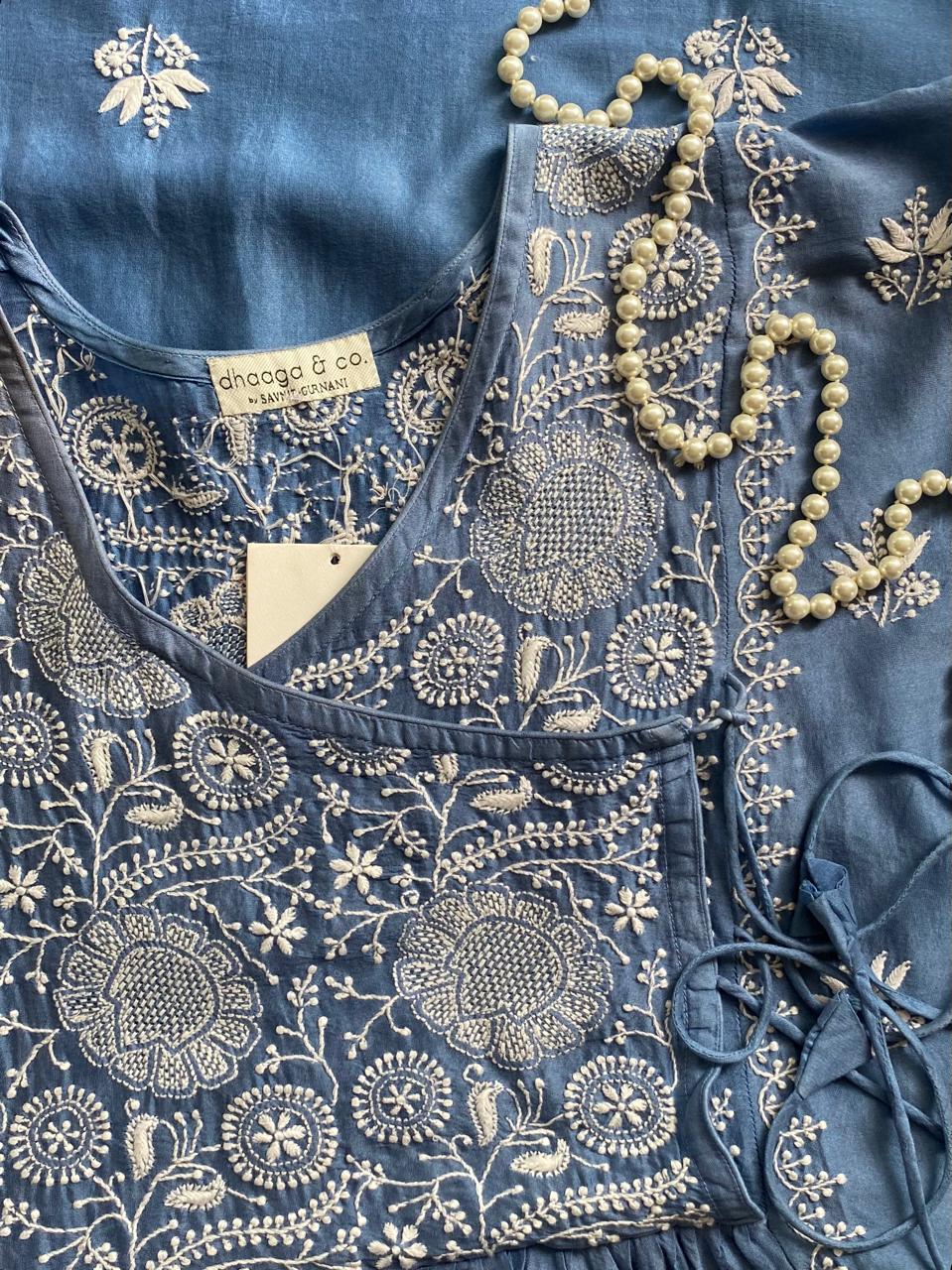 Blue Chanderi Chikankari Angrkha Kurta Set