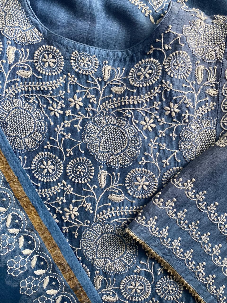 Blue Chanderi Chikankari Angrkha Kurta Set