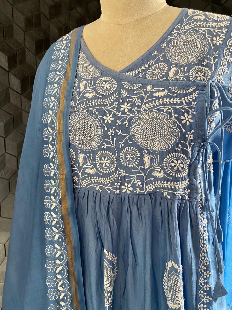 Blue Chanderi Chikankari Angrkha Kurta Set