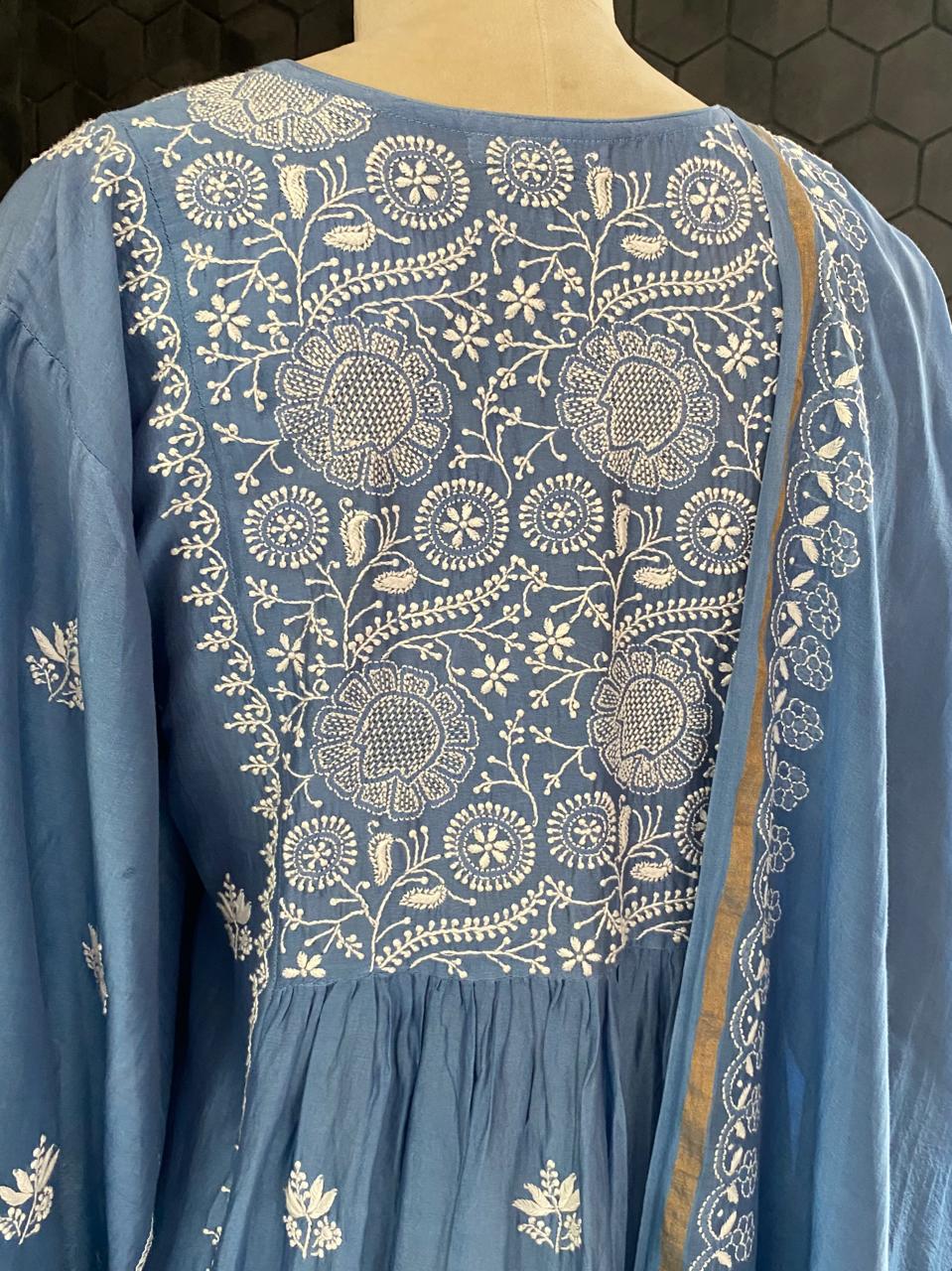 Blue Chanderi Chikankari Angrkha Kurta Set