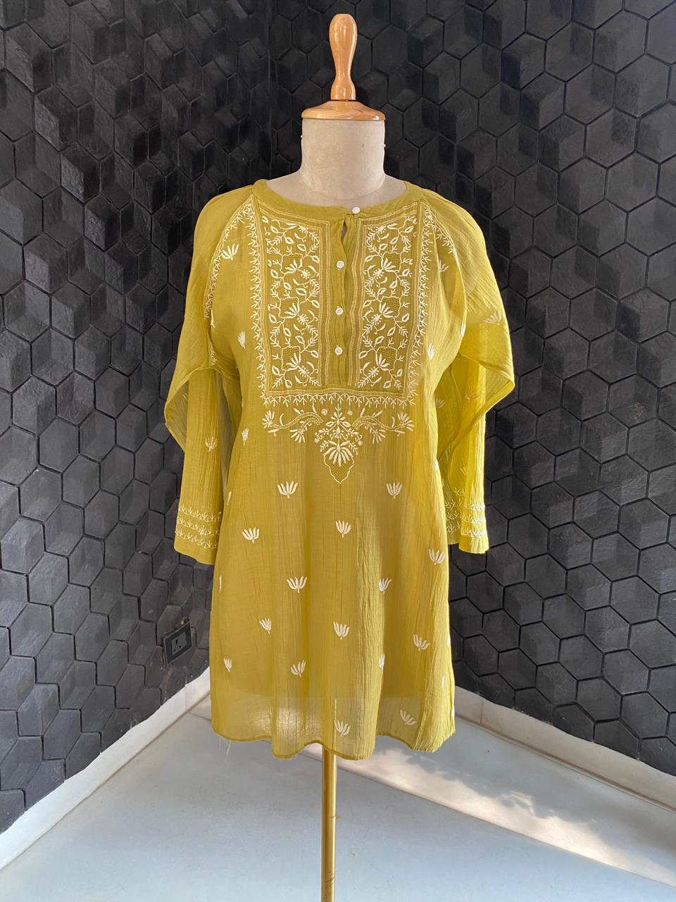 Lime Green Mul Chanderi Chikankari Top