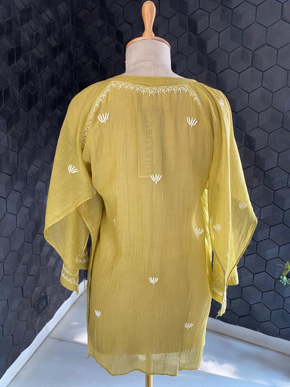Lime Green Mul Chanderi Chikankari Top
