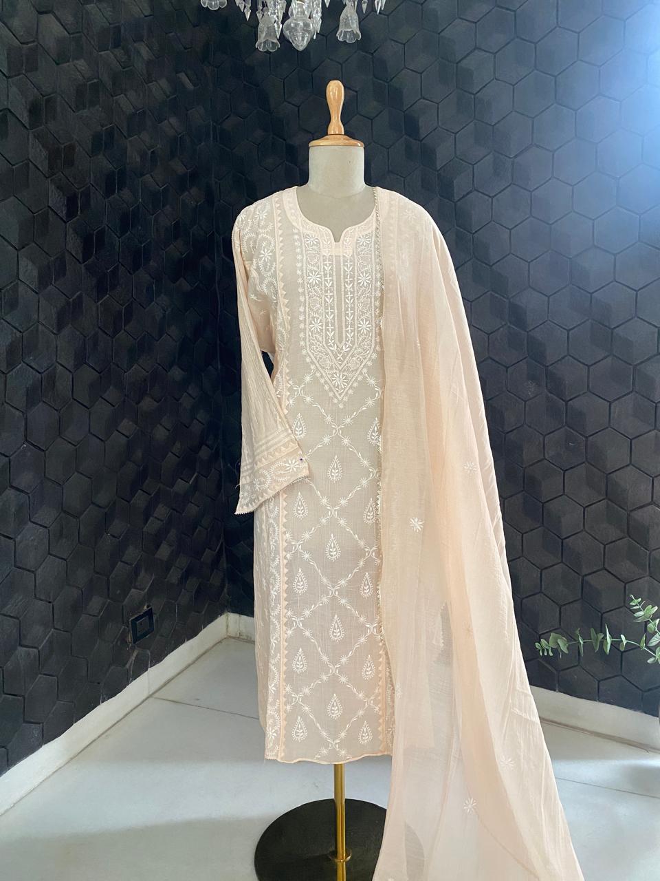 Peach Mul Chanderi Chikankari Kurta Set