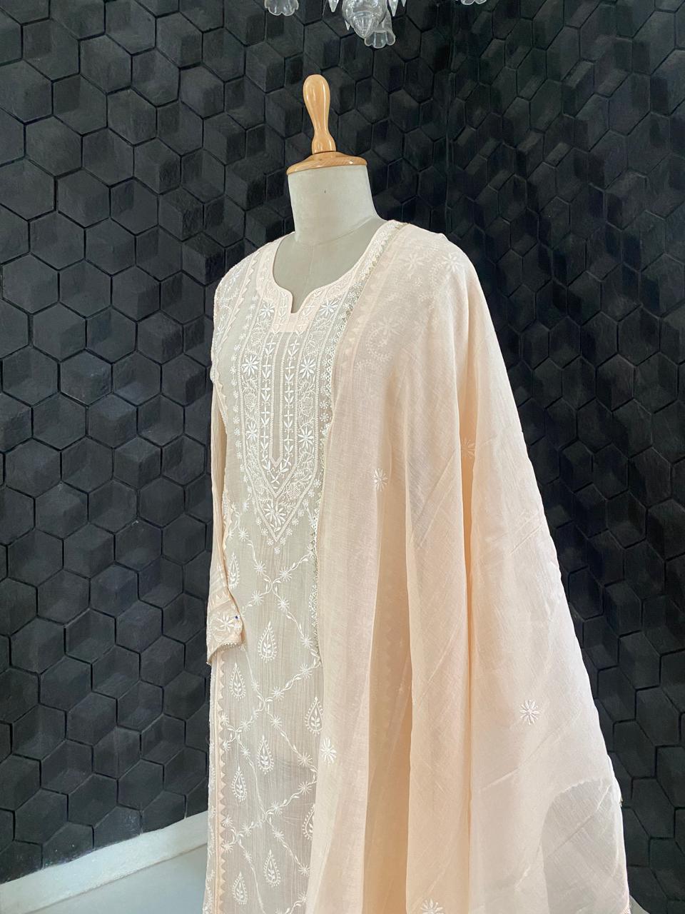 Peach Mul Chanderi Chikankari Kurta Set