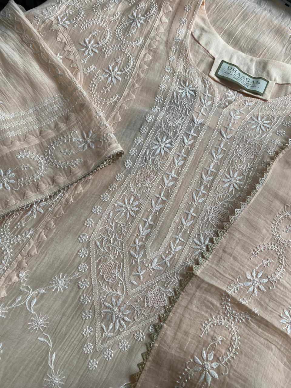 Peach Mul Chanderi Chikankari Kurta Set