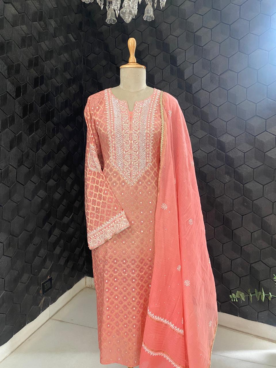 Coral Pink Mul Chanderi Chikankari Kurta Set