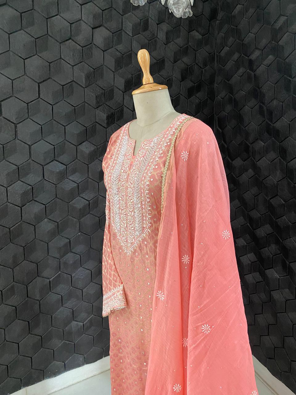 Coral Pink Mul Chanderi Chikankari Kurta Set