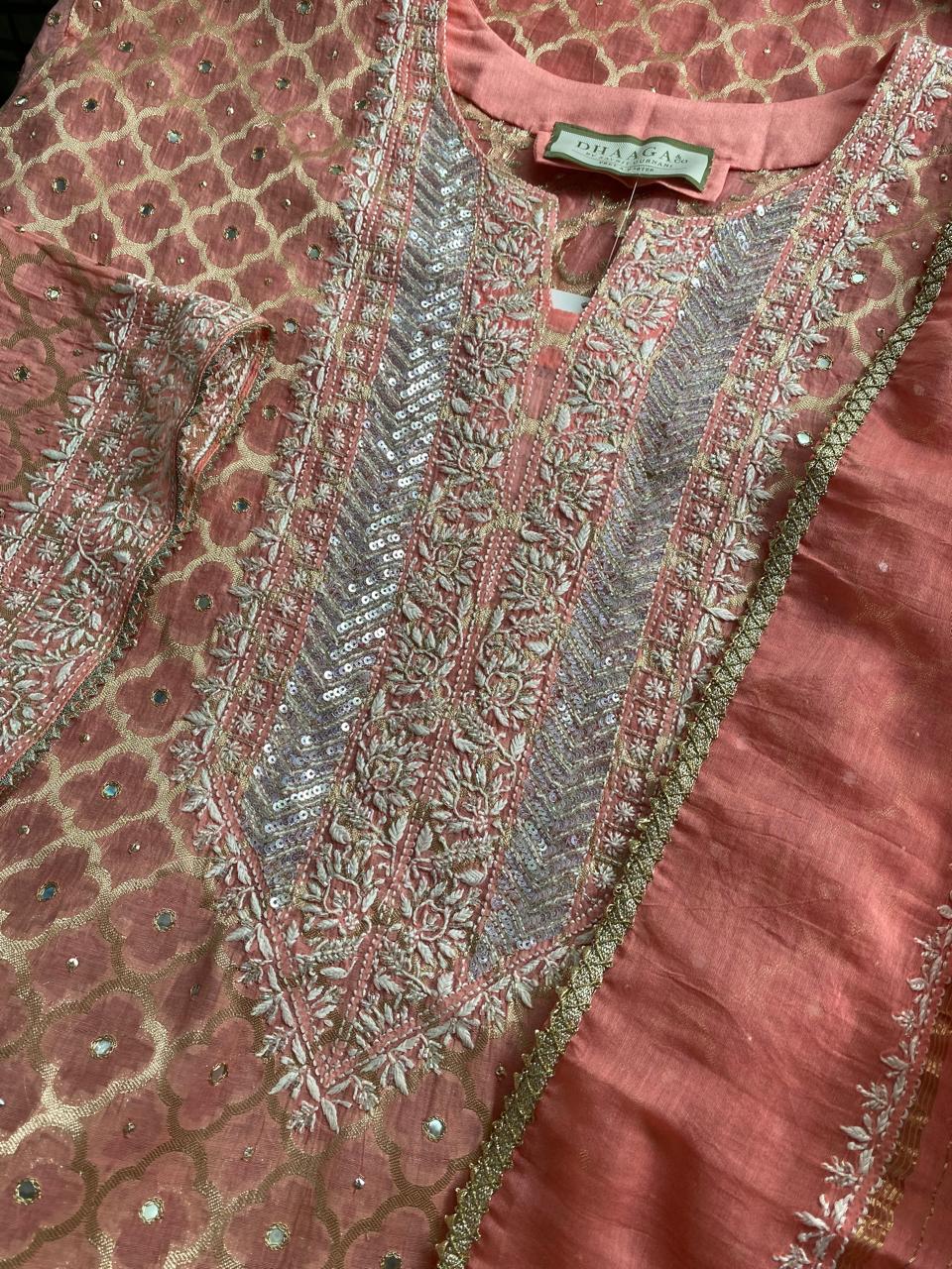 Coral Pink Mul Chanderi Chikankari Kurta Set