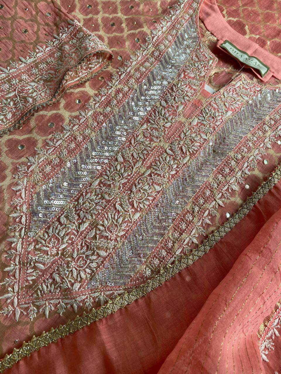 Coral Pink Mul Chanderi Chikankari Kurta Set