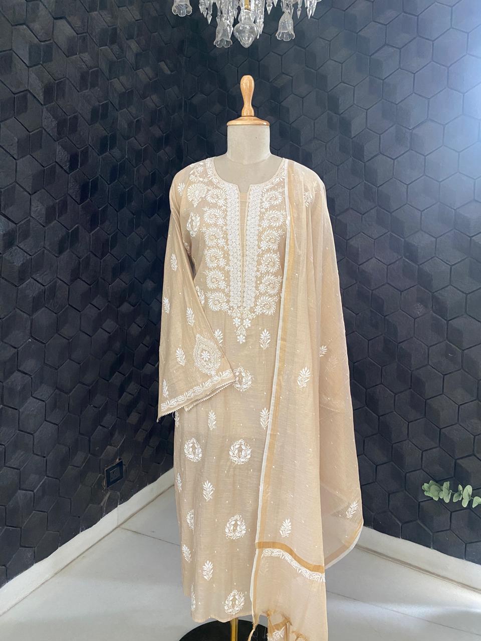 Beige Chikankari Mul Chanderi Kurta Set