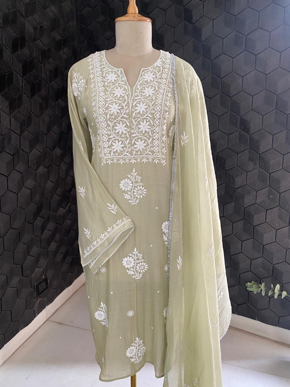 Sage Green Mul Chanderi Embroidered Kurta Set