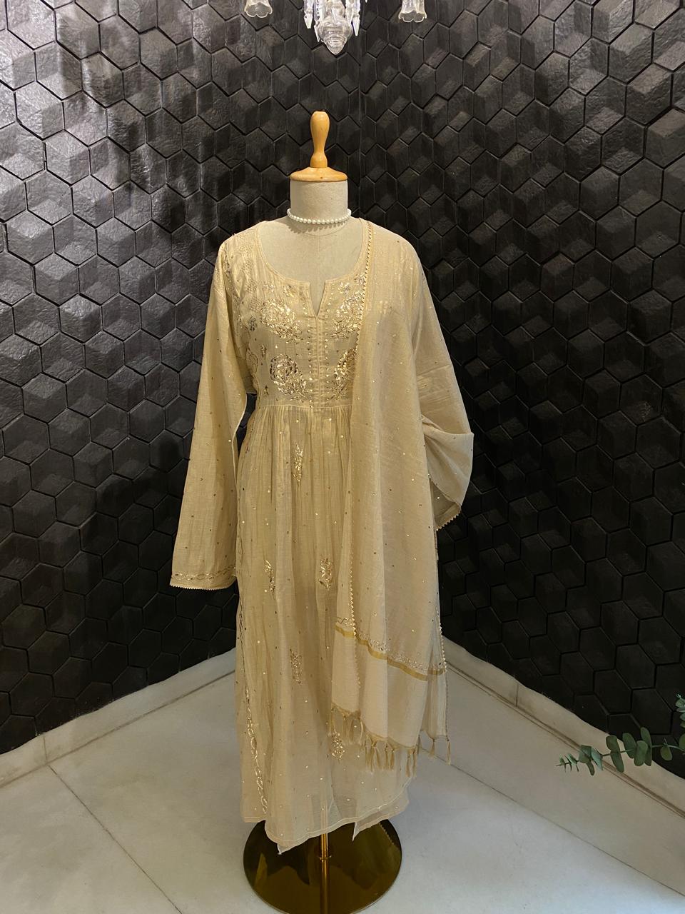 Beige Tissue Mukaish Kurta Set