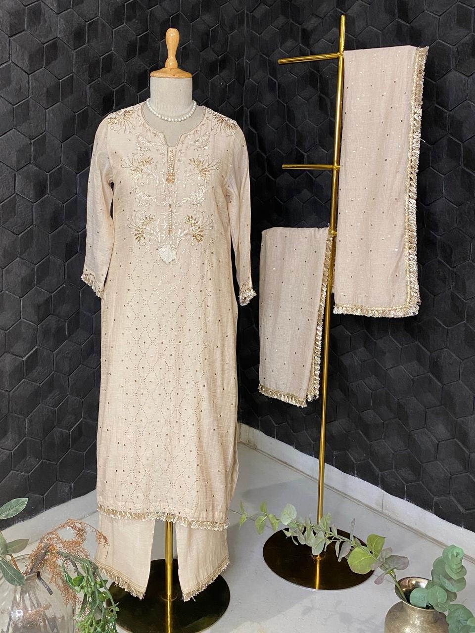 Beige Mukaish Tissue Kurta Set