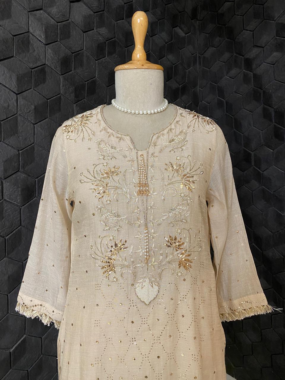 Beige Mukaish Tissue Kurta Set