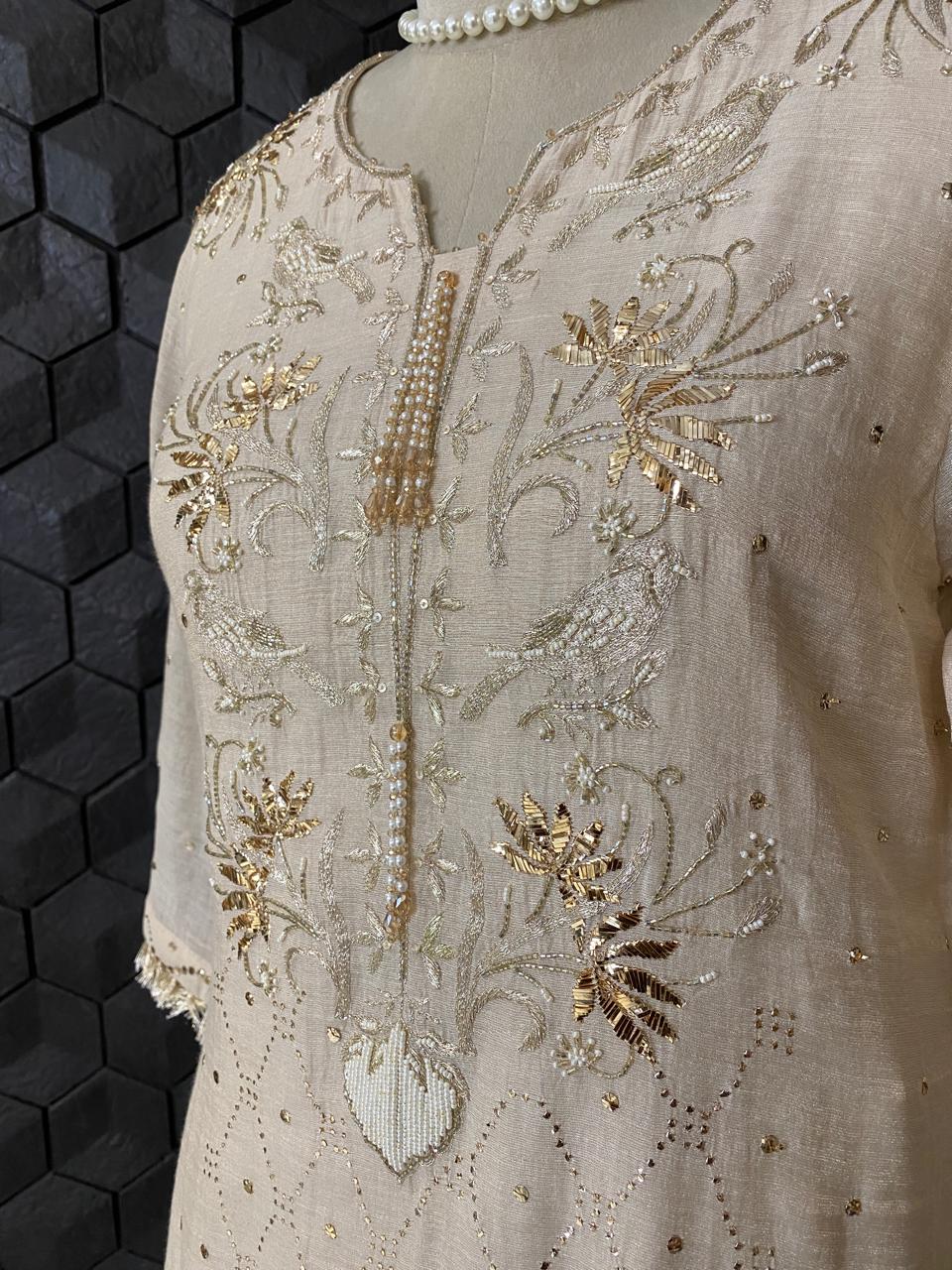 Beige Mukaish Tissue Kurta Set