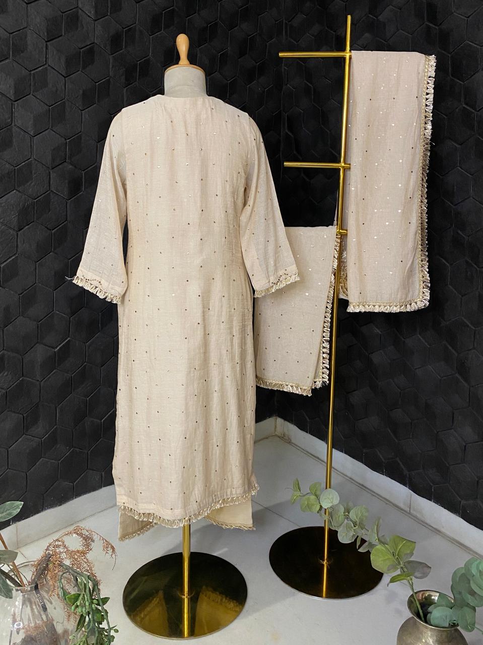 Beige Mukaish Tissue Kurta Set