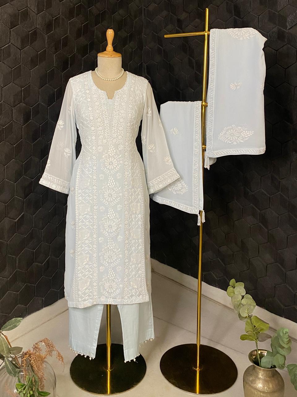 Powder Blue Georgette Chikankari Embroidered Kurta Set