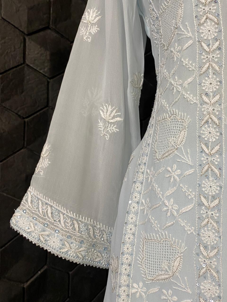 Powder Blue Georgette Chikankari Embroidered Kurta Set