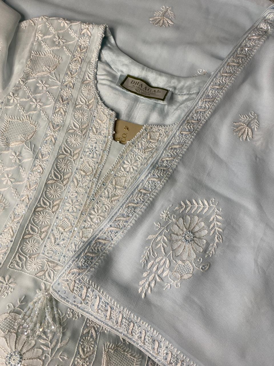 Powder Blue Georgette Chikankari Embroidered Kurta Set