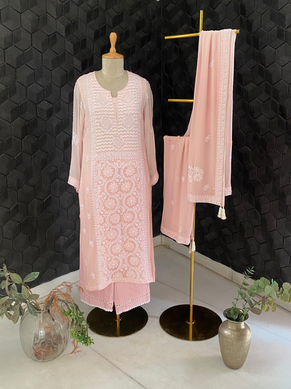 Peach Georgette Chikankari Kurta Set