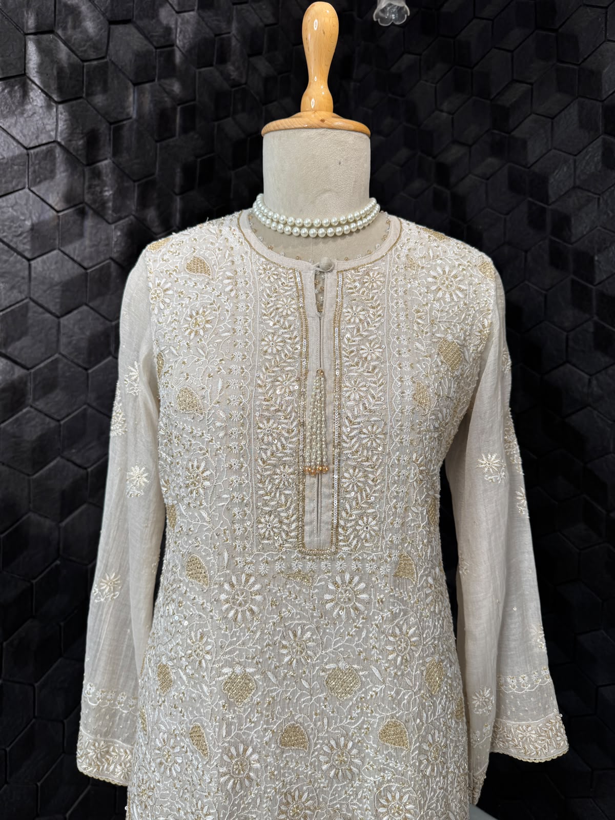 White Tissue Kasab Chikankari Kurta Set