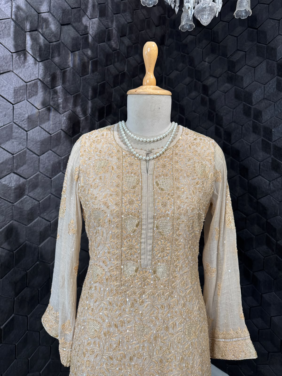 Beige Tissue Kasab Chikankari Kurta Set