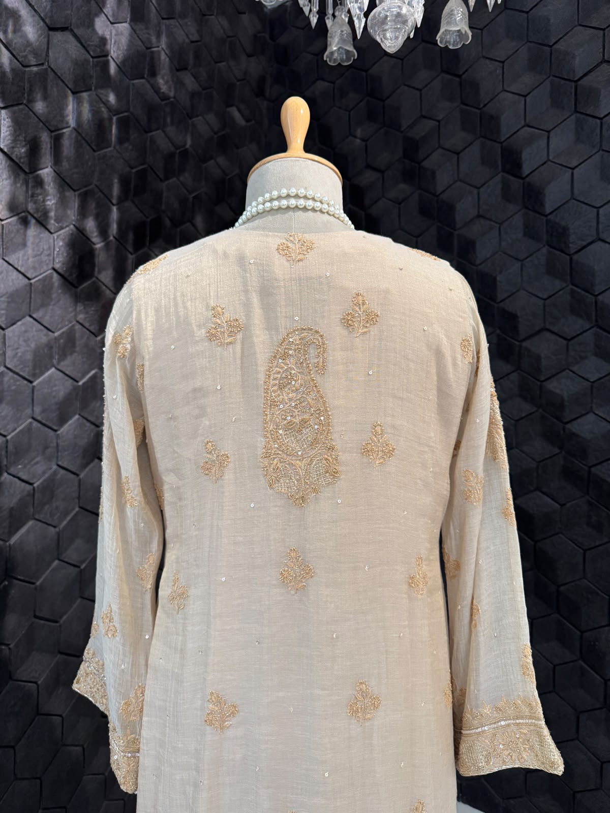 Beige Tissue Kasab Chikankari Kurta Set