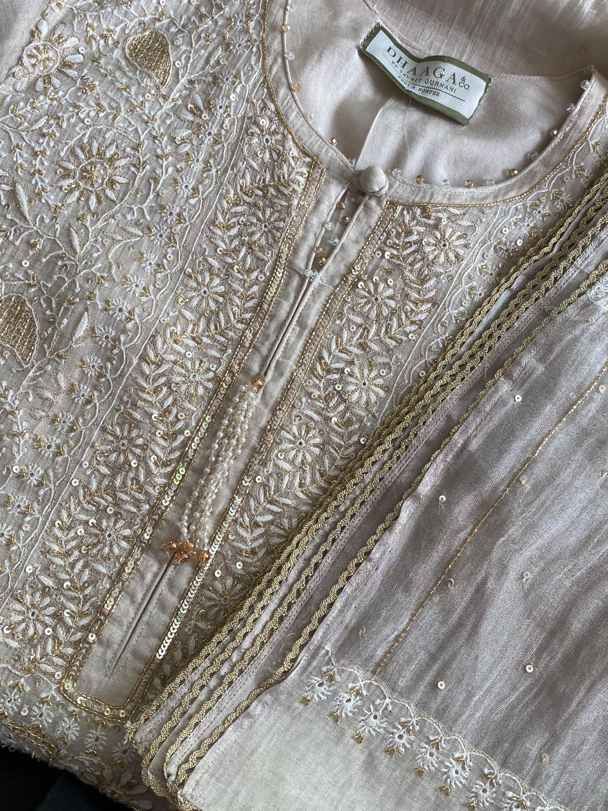 White Tissue Kasab Chikankari Kurta Set